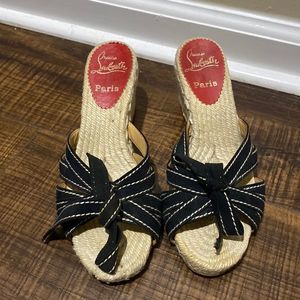Christian Louboutin Black Bow Cloth Espadrilles wedge Sandal sz 37